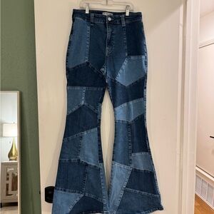 We The Free Blue Patchwork Flare Jeans